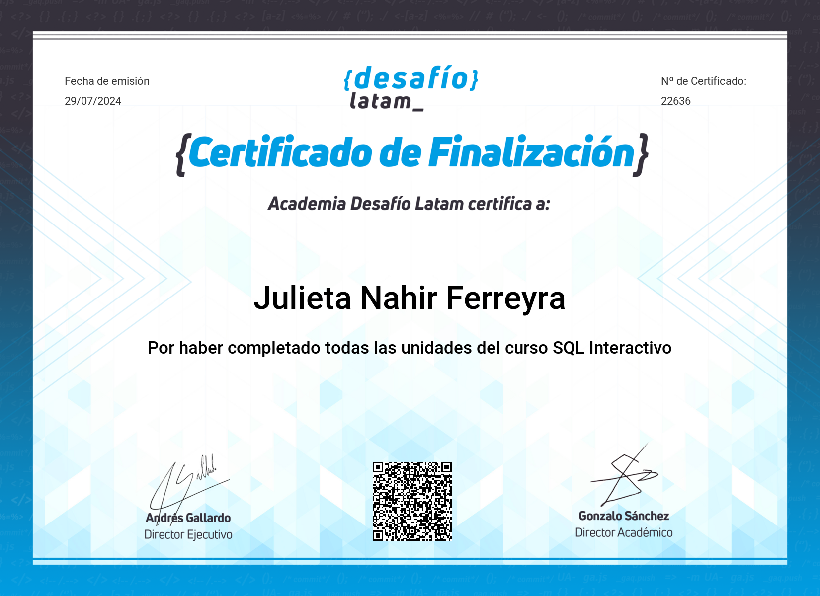 Certificado de Finalización Desafío Latam SQL Interactivo